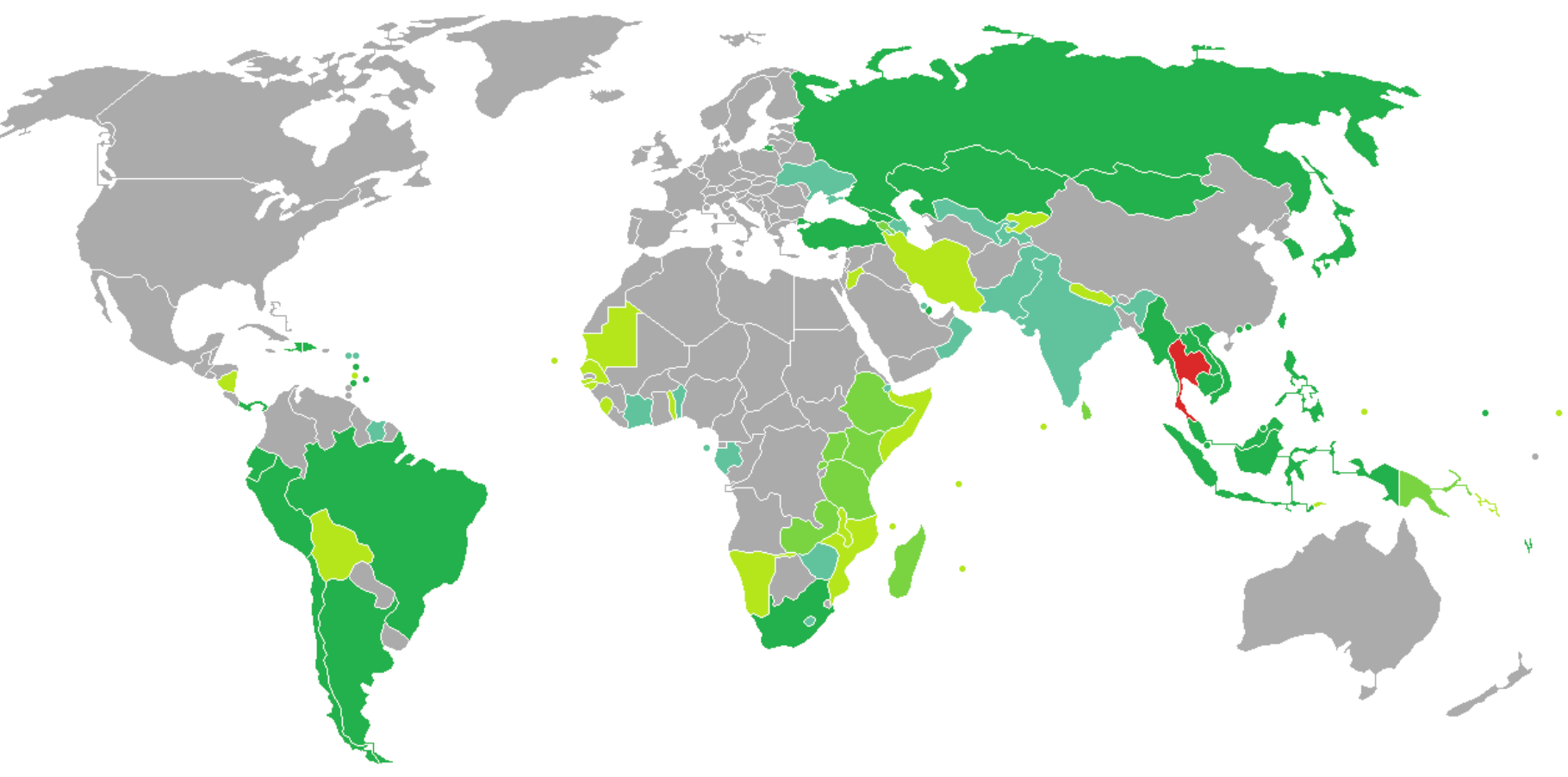 World map of visas for Thai citizens